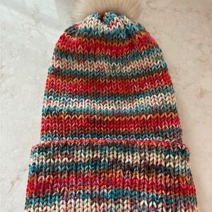 VIBRANT RED ORANGE KNITTED WINTER HAT BLUE MULTI COLOR